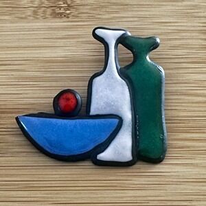 Artistic Enamel Still Life Brooch Abstract Bottles and Bowl Pin Multicolor Art